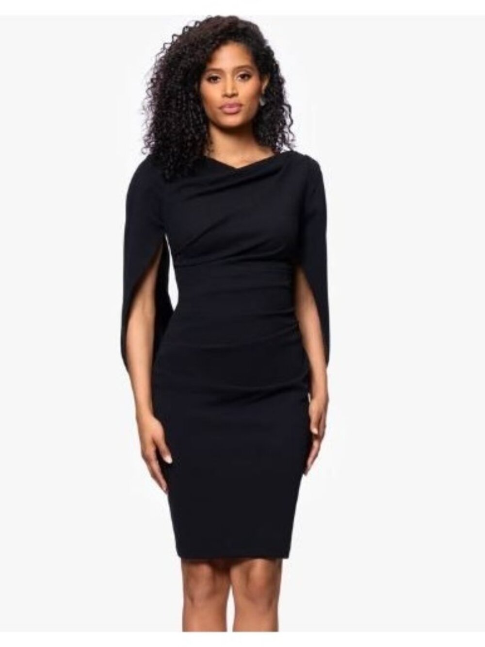 Betsy & Adam Black Draped Cowl Neck Sheath Dress Size 12 3/4 Sleeve Cocktail